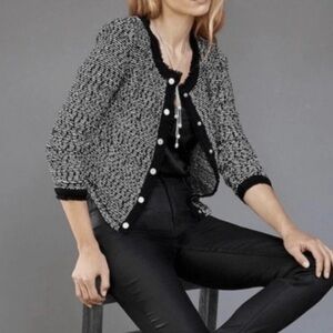 WHBM Women’s S Crop Sweater Jacket Dark Coquette Tweed Black Ecru Goth Office
